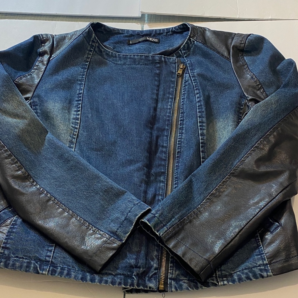 NESS Y2K  Blue Denim & Black Faux Leather Two Zipper Stylish Motto Jacket